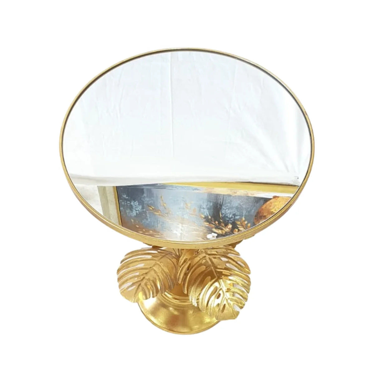 Mesa Lateral Redonda Dorada con Hojas Metálicas y Cubierta de Espejo