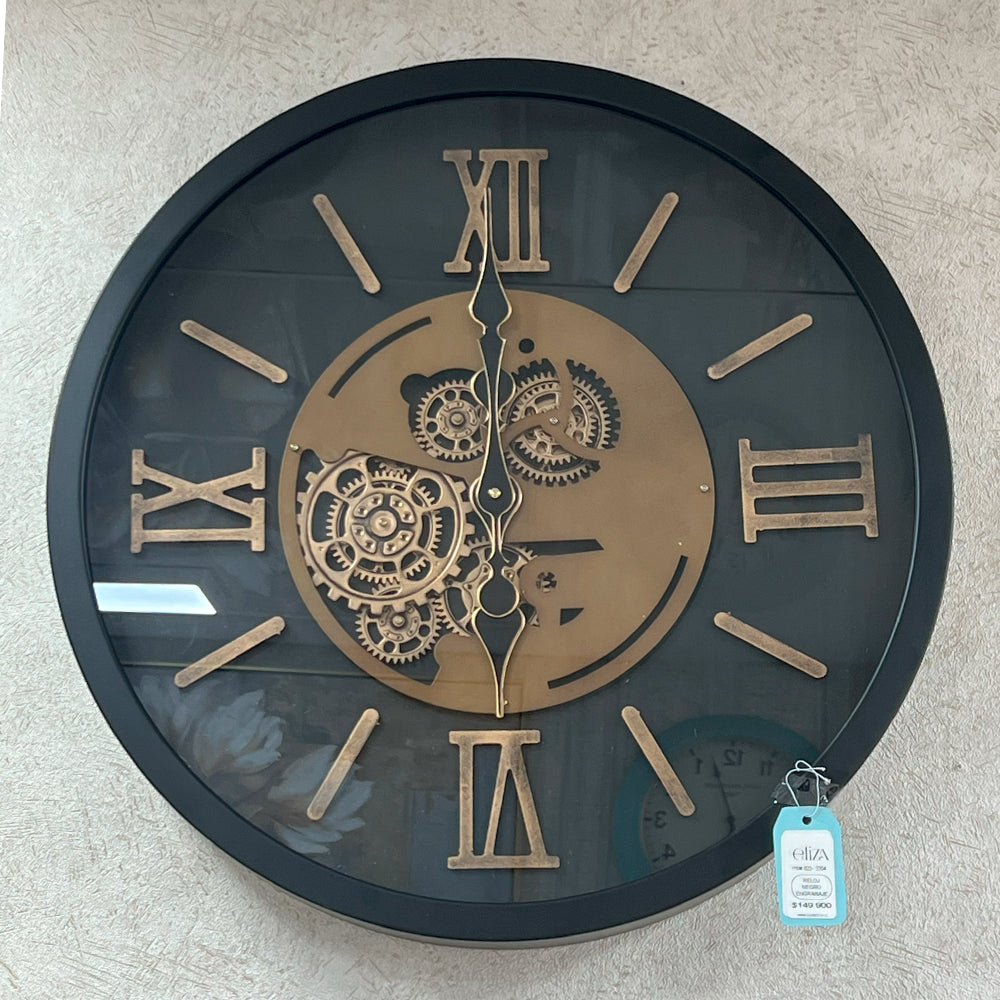 Reloj de Pared Metálico con Engranajes en Movimiento - Negro y Dorado