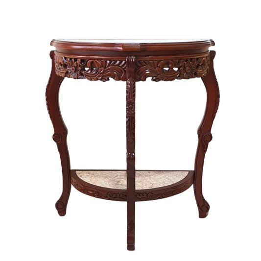 Arrimo de Madera Tallada con Mármol Embutido – Tres Patas y Doble Repisa