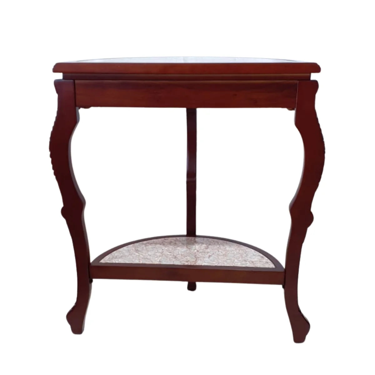 Arrimo de Madera Tallada con Mármol Embutido – Tres Patas y Doble Repisa