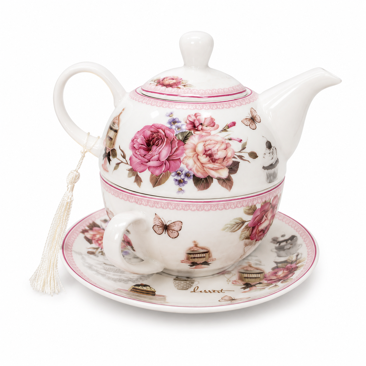 Juego de Té de Porcelana Floral – Tetera + Taza con Platillo