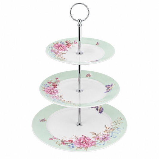 Soporte de Tres Niveles Floral – Cerámica Verde Menta