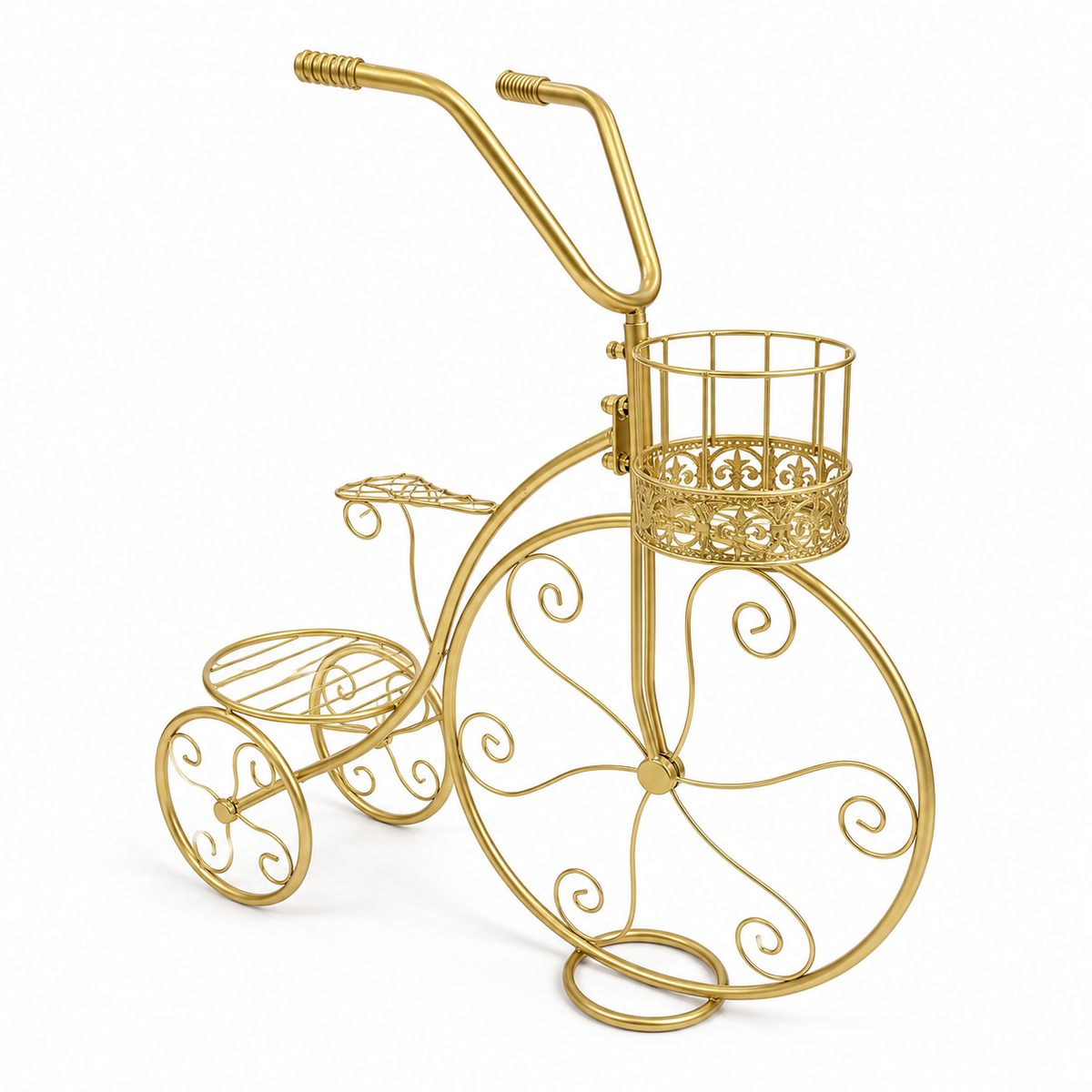Portamacetero Decorativo- Triciclo Dorado - Metal - Triple Soporte – 77 × 71 × 22,5 cm