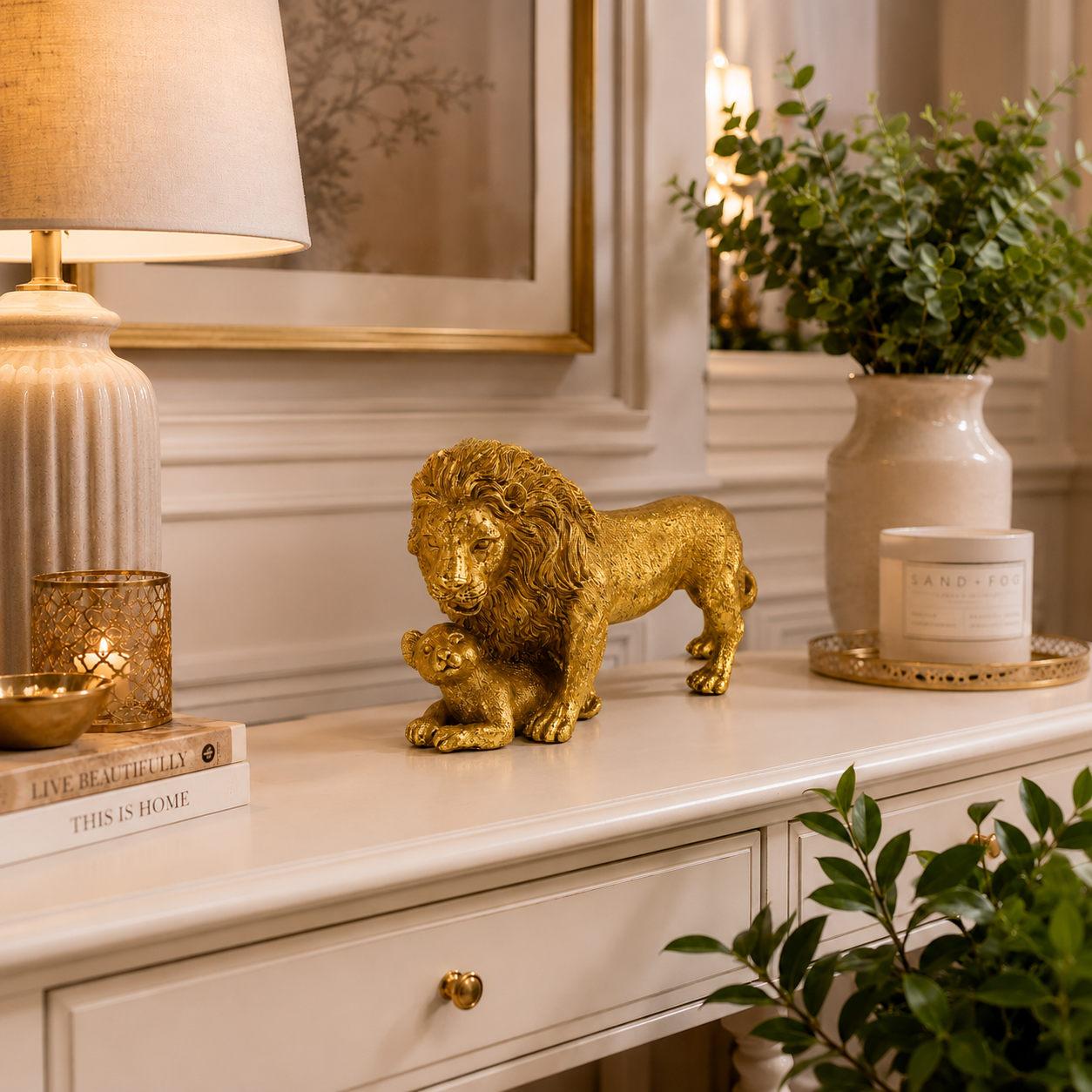 Figura Decorativa- León con Hijo Gold - Poliresina – 17 cm