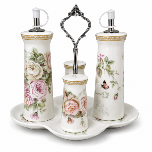 Set Alcuza de Cerámica Floral - Set para Aceite, Vinagre, Sal y Pimienta