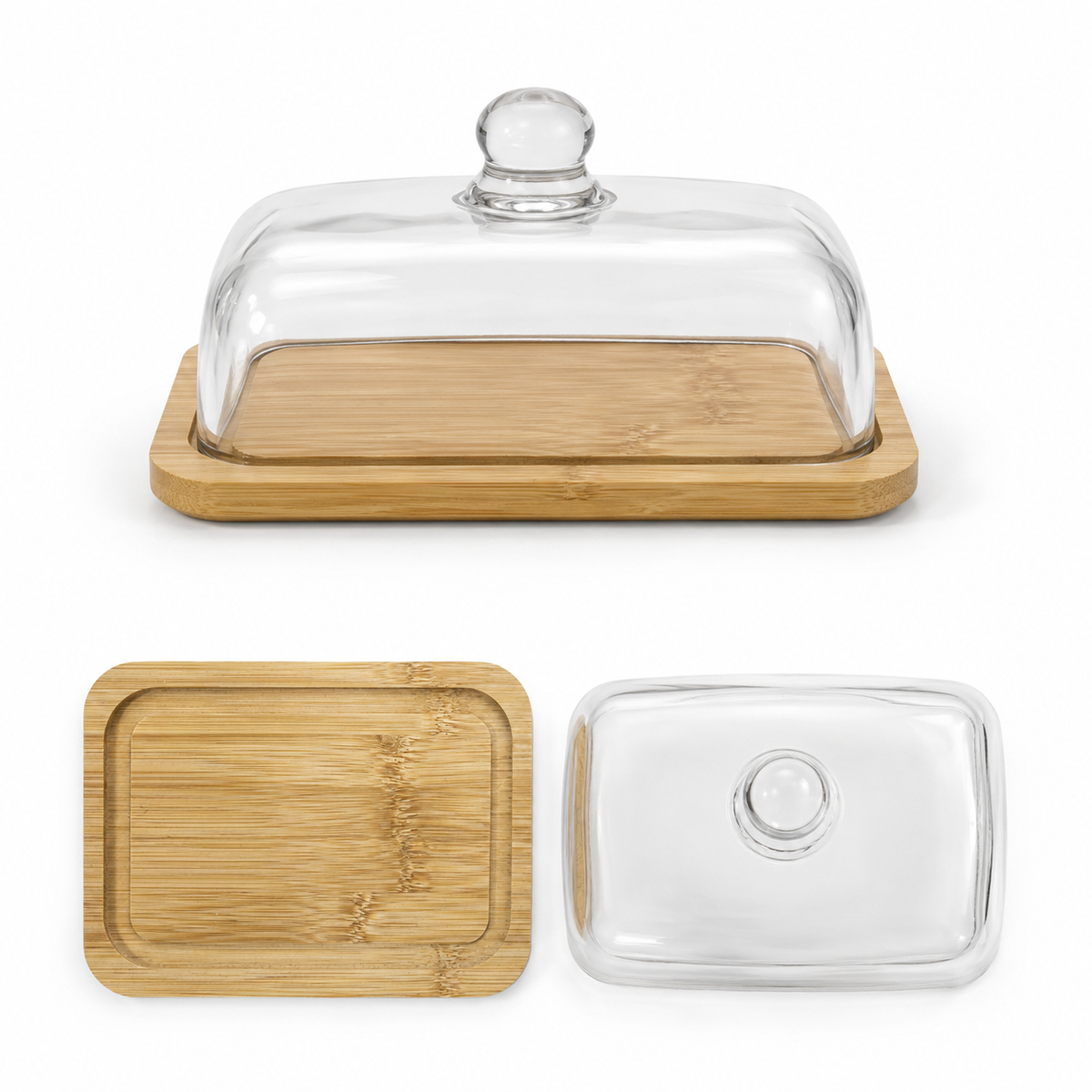 Mantequillera Wood de Bambú con Tapa de Vidrio – 18 x 13 x 9 cm