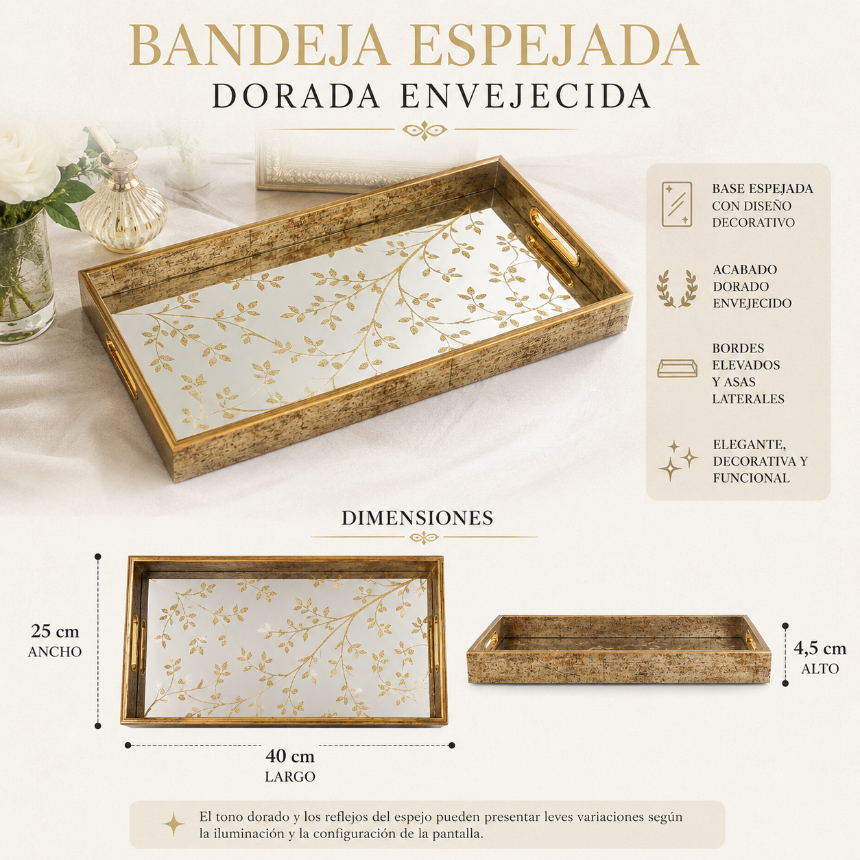 Bandeja Espejada Dorada Envejecida - 40 cm