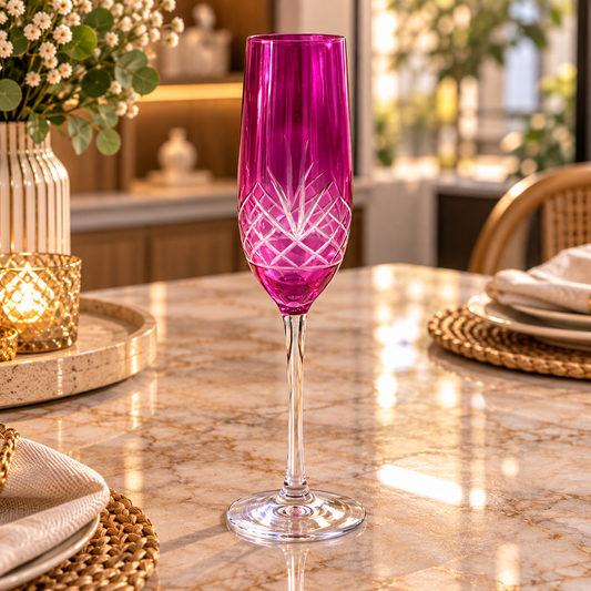Set de 4 Copas de Champagne Talladas Rosadas – Cristal Murano | 26 cm