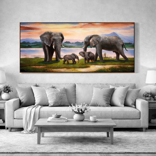 Cuadro Familia de Elefantes – Marco Dorado 150x80 cm