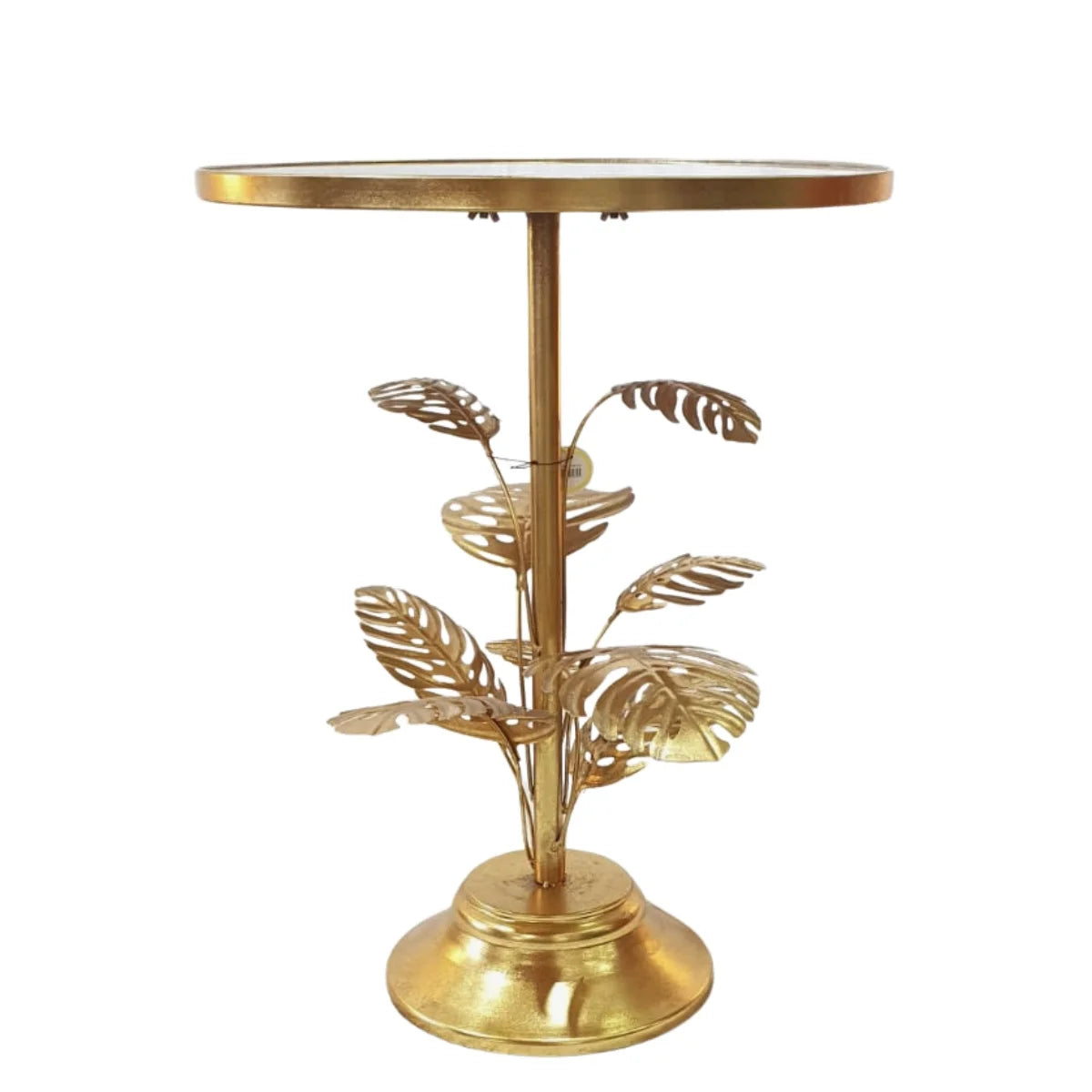 Mesa Lateral Redonda Dorada con Hojas Metálicas y Cubierta de Espejo