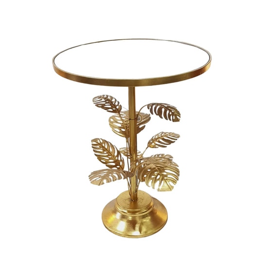 Mesa Lateral Redonda Dorada con Hojas Metálicas y Cubierta de Espejo