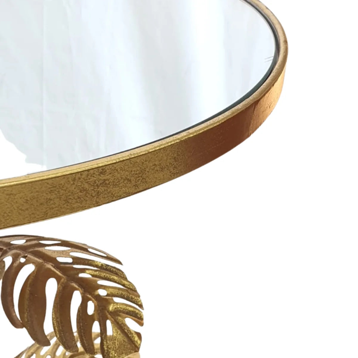 Mesa Lateral Redonda Dorada con Hojas Metálicas y Cubierta de Espejo