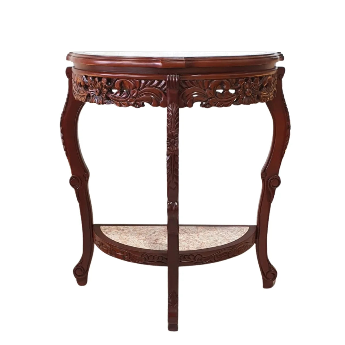 Arrimo de Madera Tallada con Mármol Embutido – Tres Patas y Doble Repisa