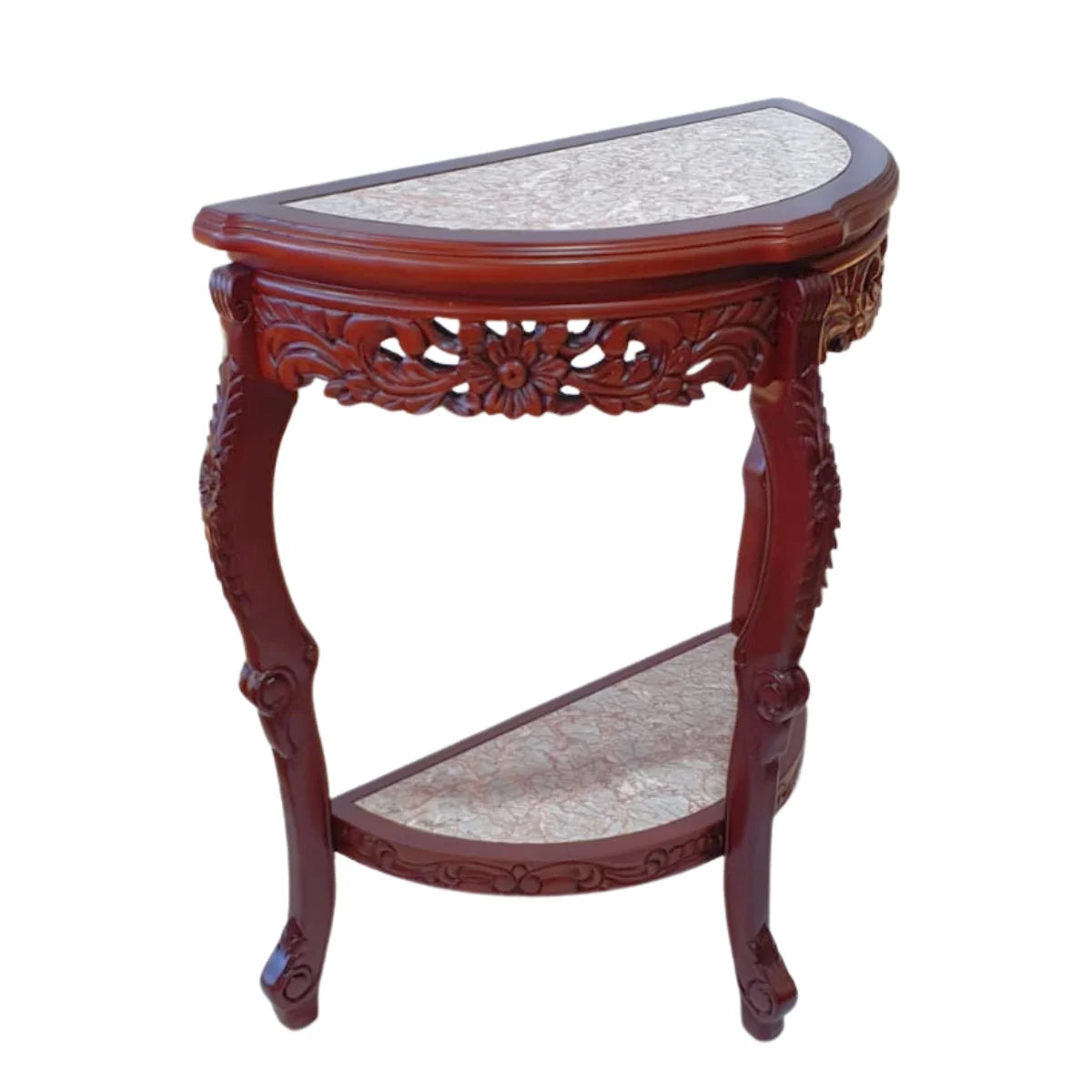 Arrimo de Madera Tallada con Mármol Embutido – Tres Patas y Doble Repisa