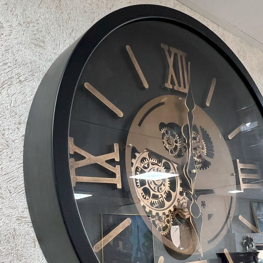 Reloj de Pared Metálico con Engranajes en Movimiento - Negro y Dorado