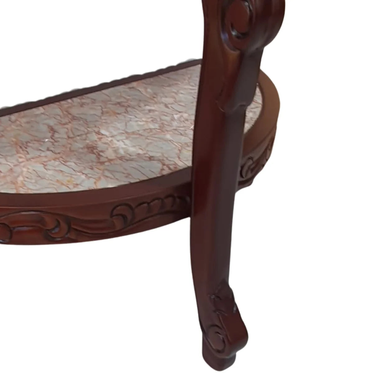 Arrimo de Madera Tallada con Mármol Embutido – Tres Patas y Doble Repisa