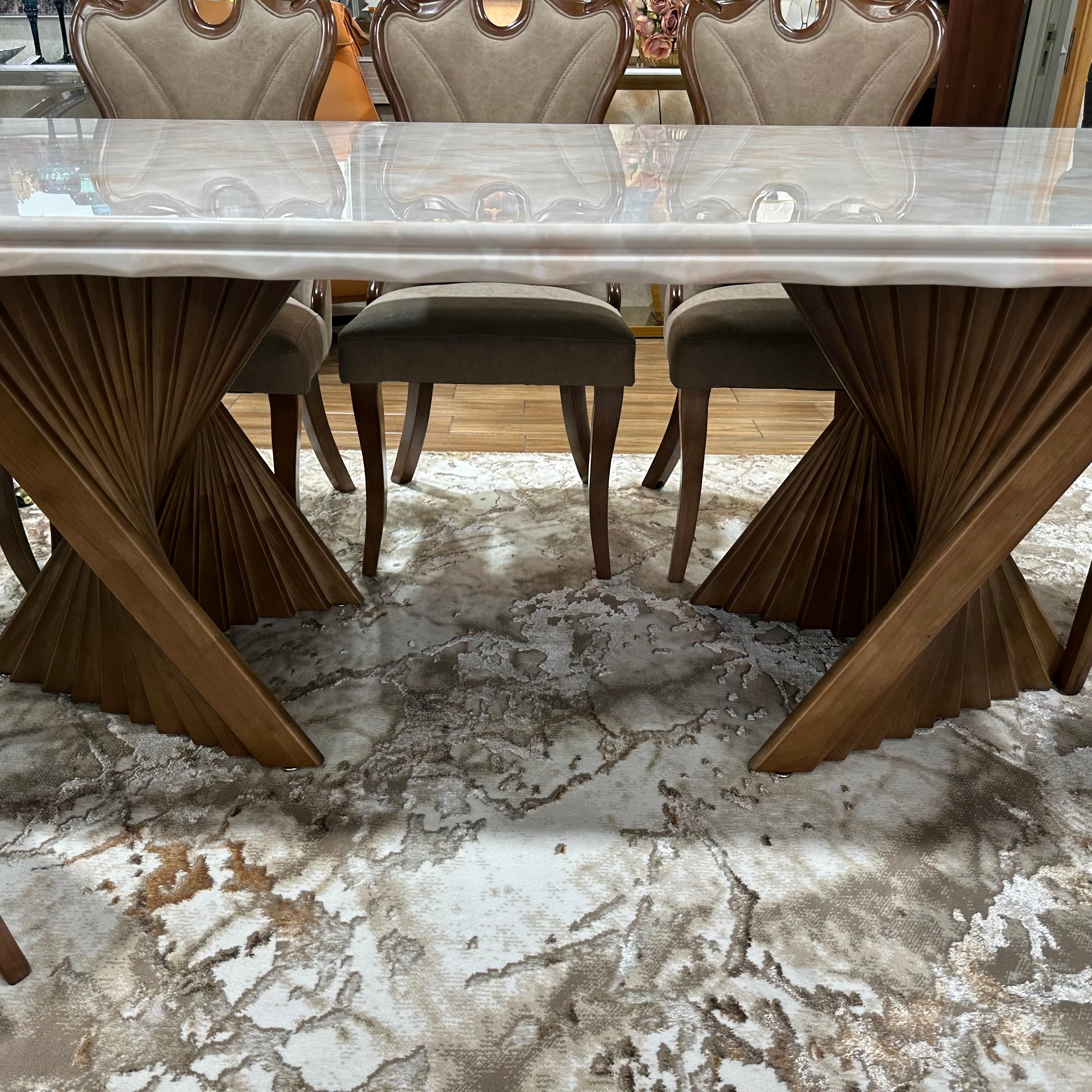 COMEDOR DE MARMOL Y ROBLE SAKURA - 6 SILLAS - BASE ABANICO