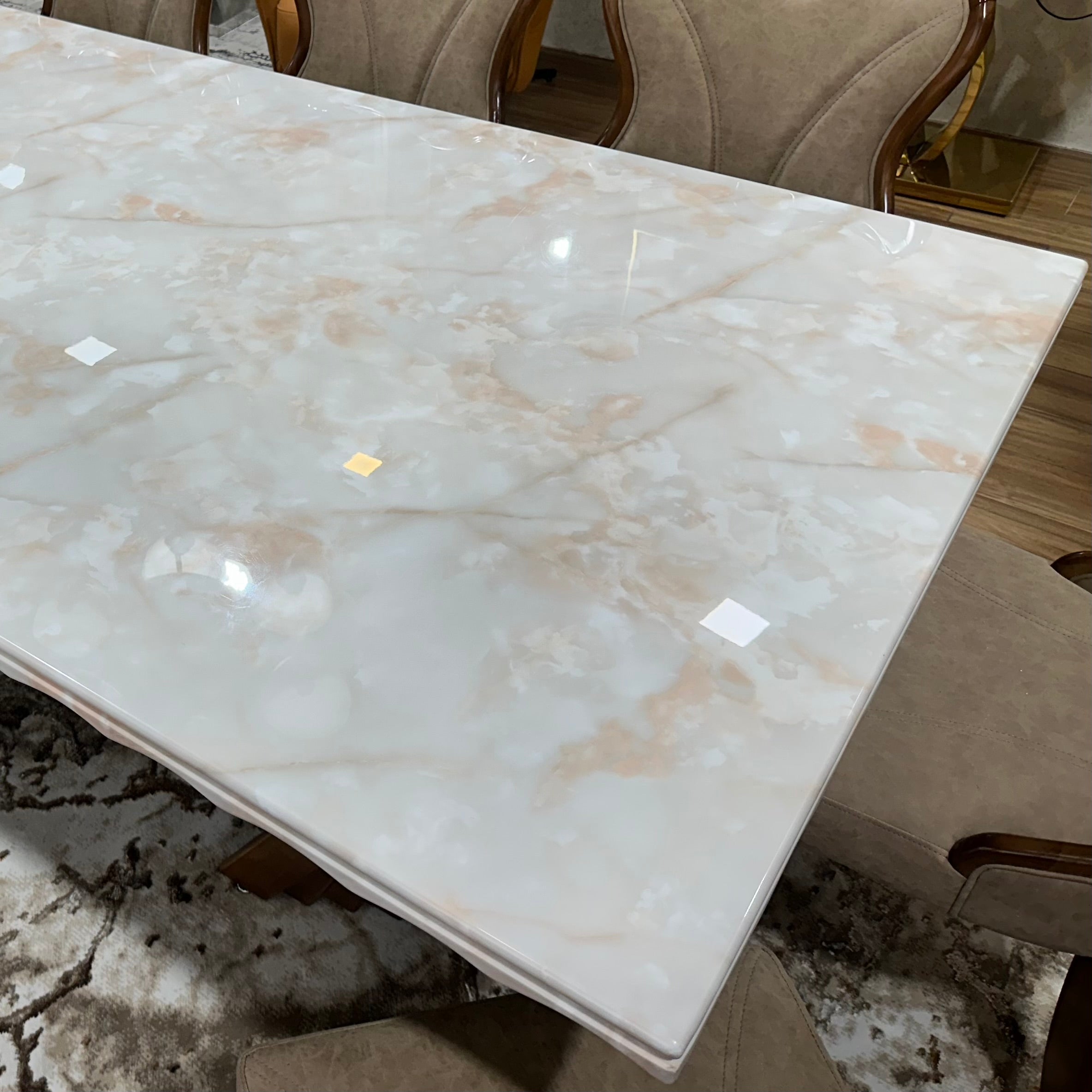 COMEDOR DE MARMOL Y ROBLE SAKURA - 6 SILLAS - BASE ABANICO