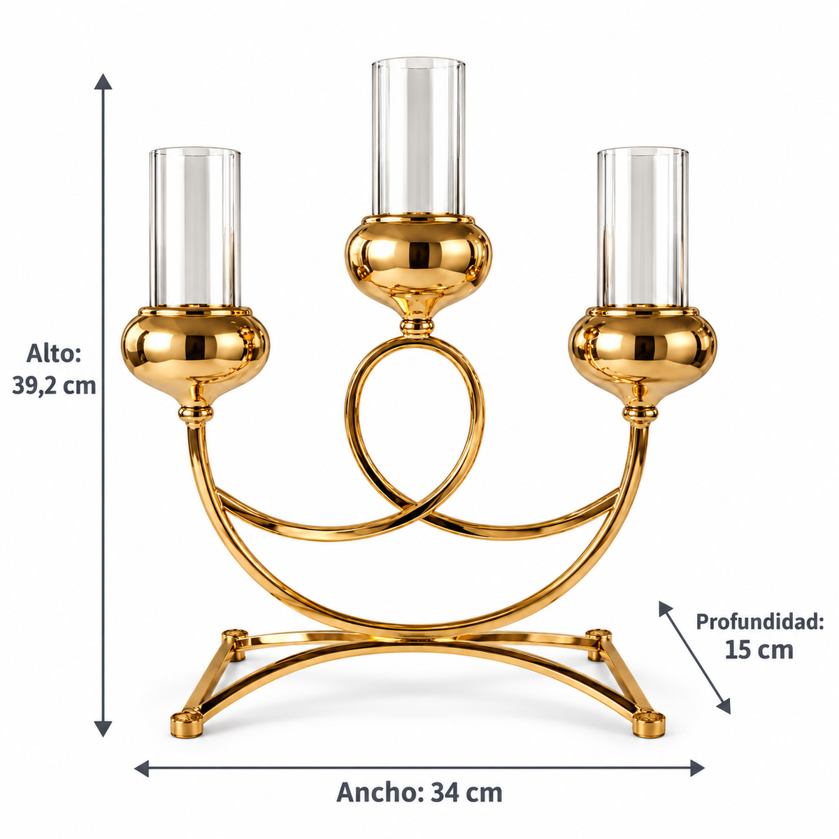 Candelabro Extendido Dorado de 3 Velas con Portavelas de Vidrio