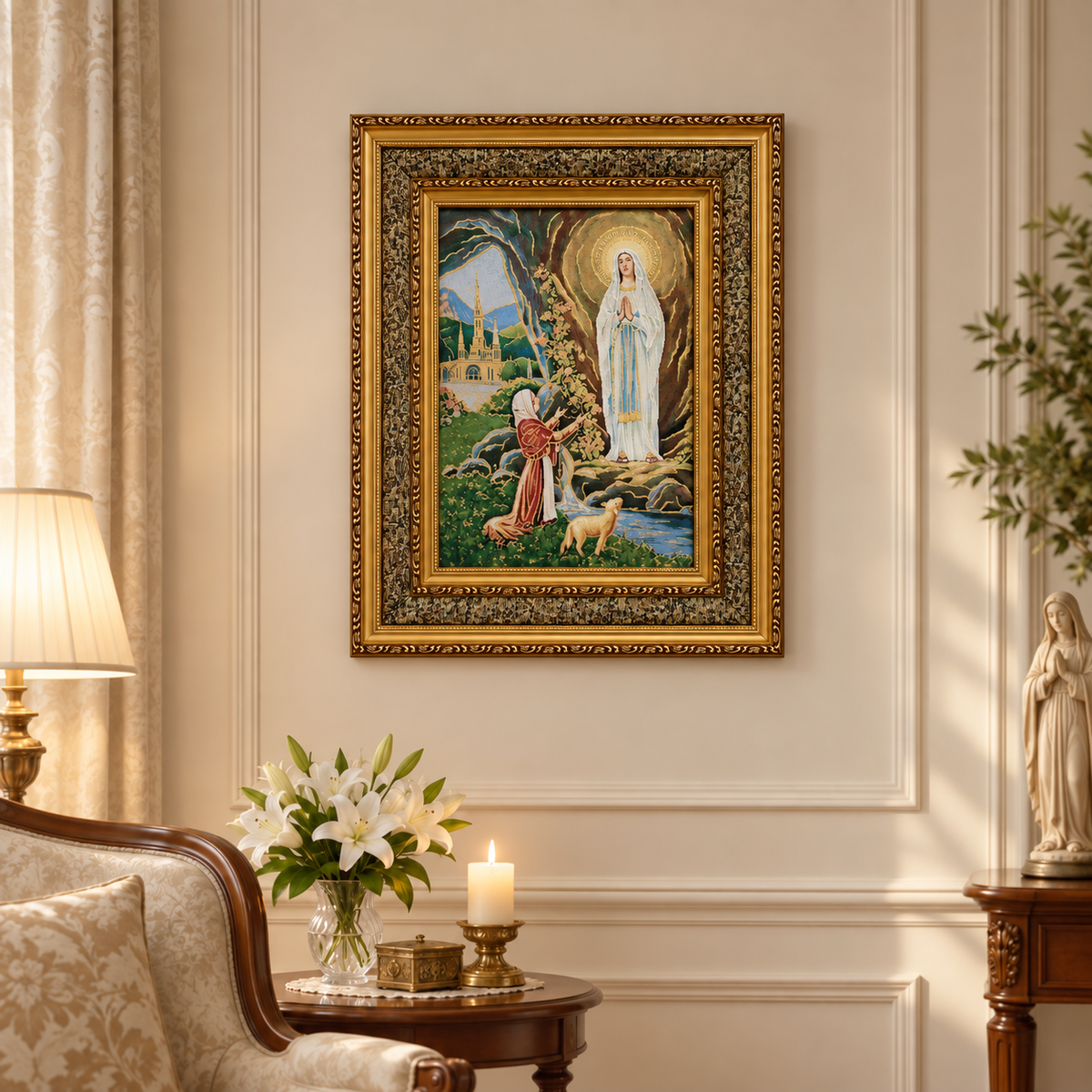 Cuadro Virgen de Lourdes en Tapiz Estilo Gobelino - 53 cm