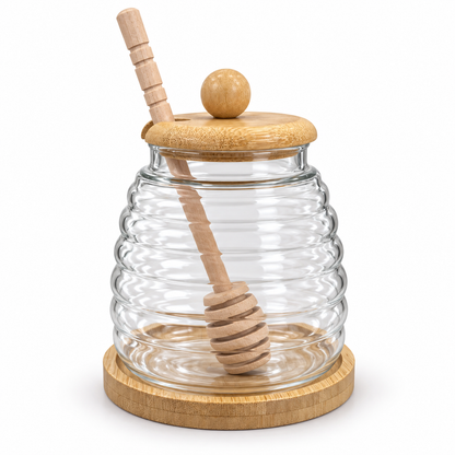 Mielero de Vidrio y Madera con Cuchara