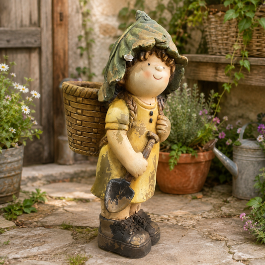 Maceta Decorativa Niña Jardinera con Canasto – Poliresina - 54 cm
