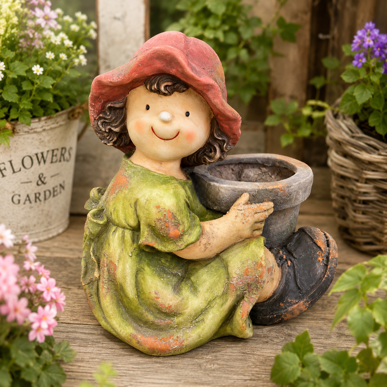 Maceta Decorativa Niña con Sombrero Rojo – Poliresina - 47 cm