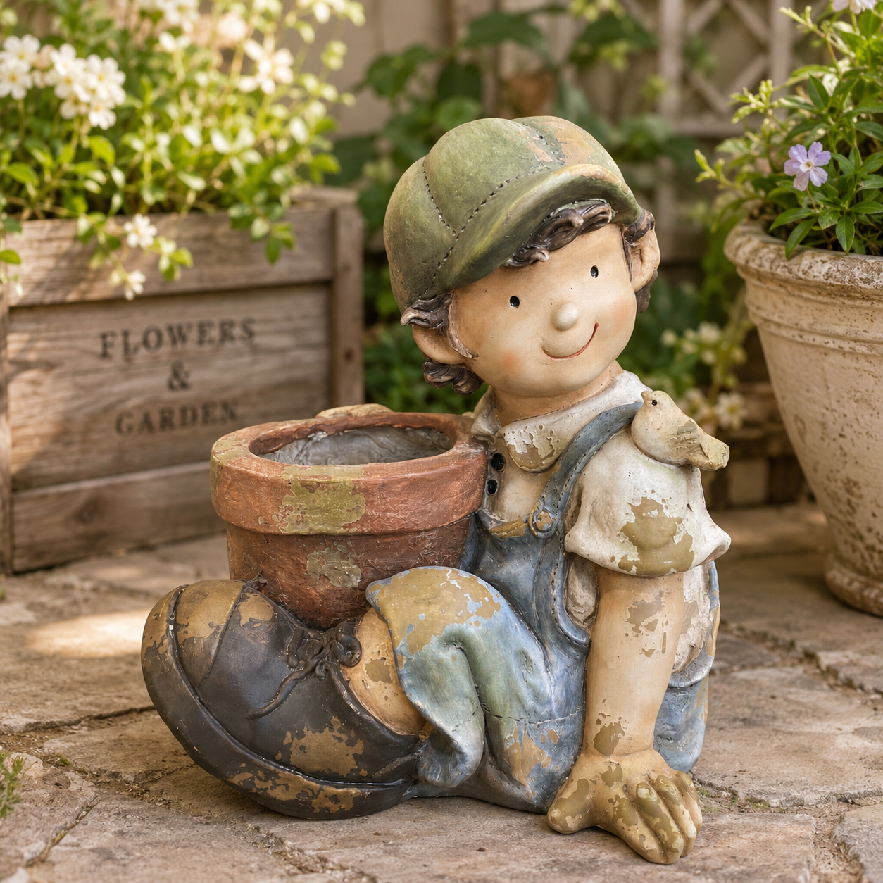 Maceta Decorativa Niño Jardinero con Pajarito – Poliresina - 48 cm