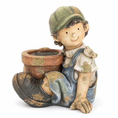 Maceta Decorativa Niño Jardinero con Pajarito – Poliresina - 48 cm