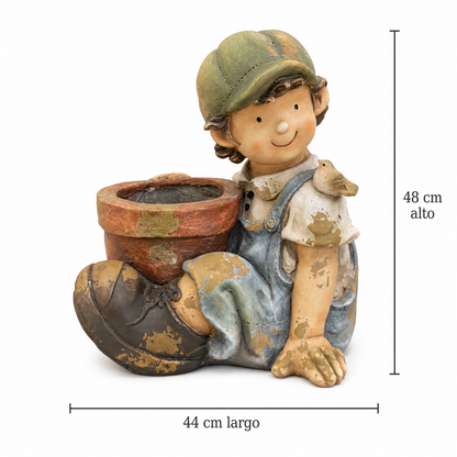 Maceta Decorativa Niño Jardinero con Pajarito – Poliresina - 48 cm
