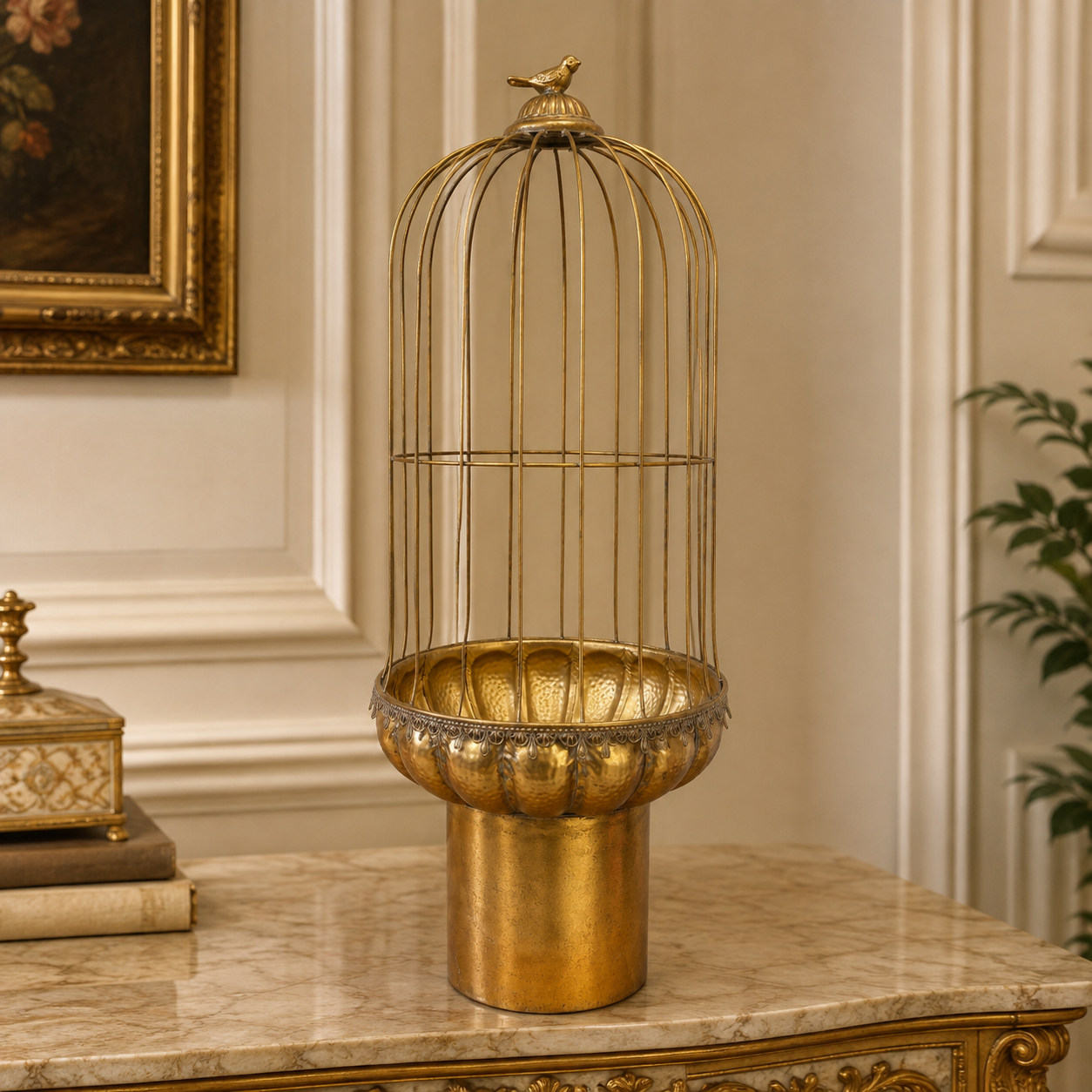 Candelabro Jaula Gold Decorativo con Pajarito – 74 cm