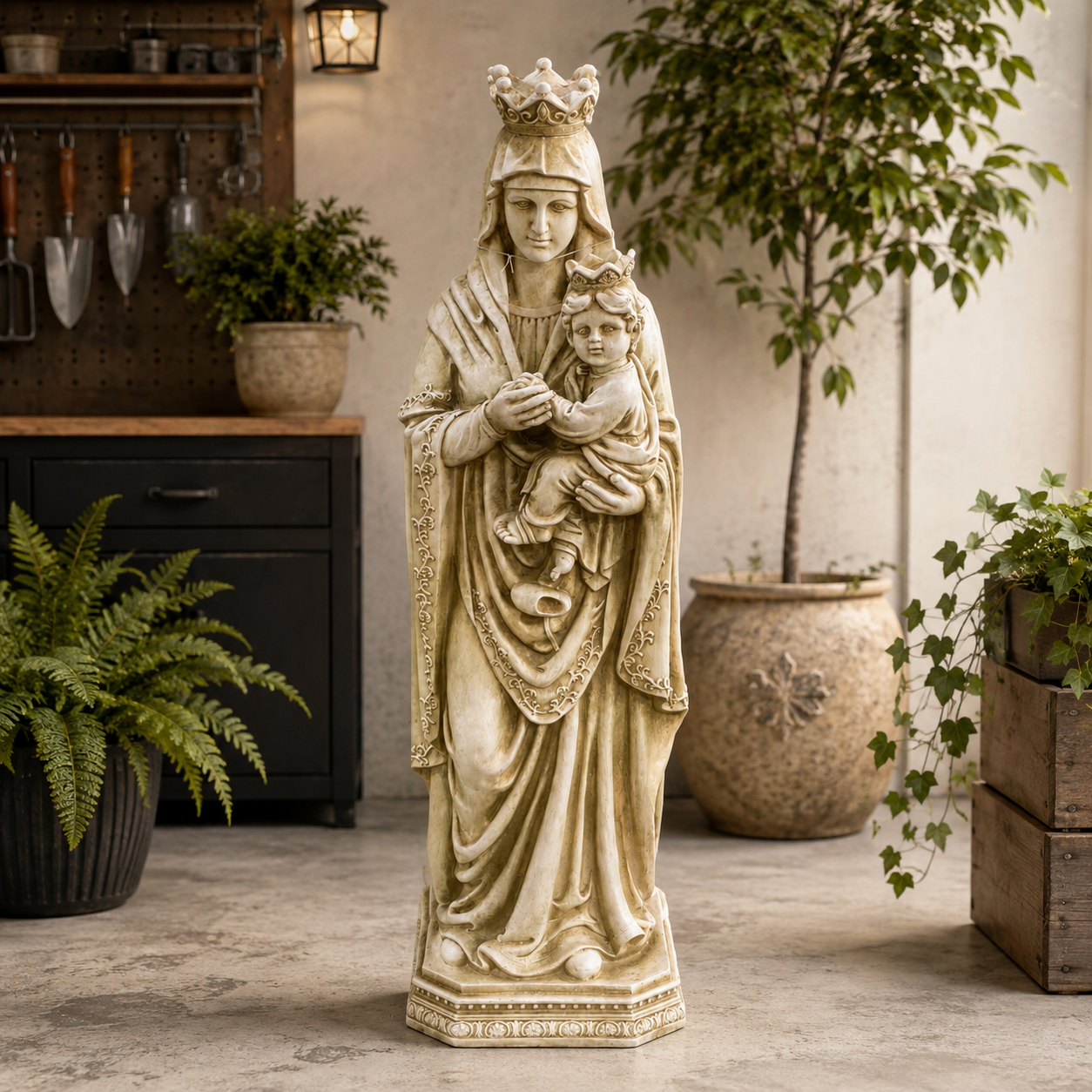 Figura Devocional Virgen María con Niño Jesús Coronados - Poliresina - 125 cm