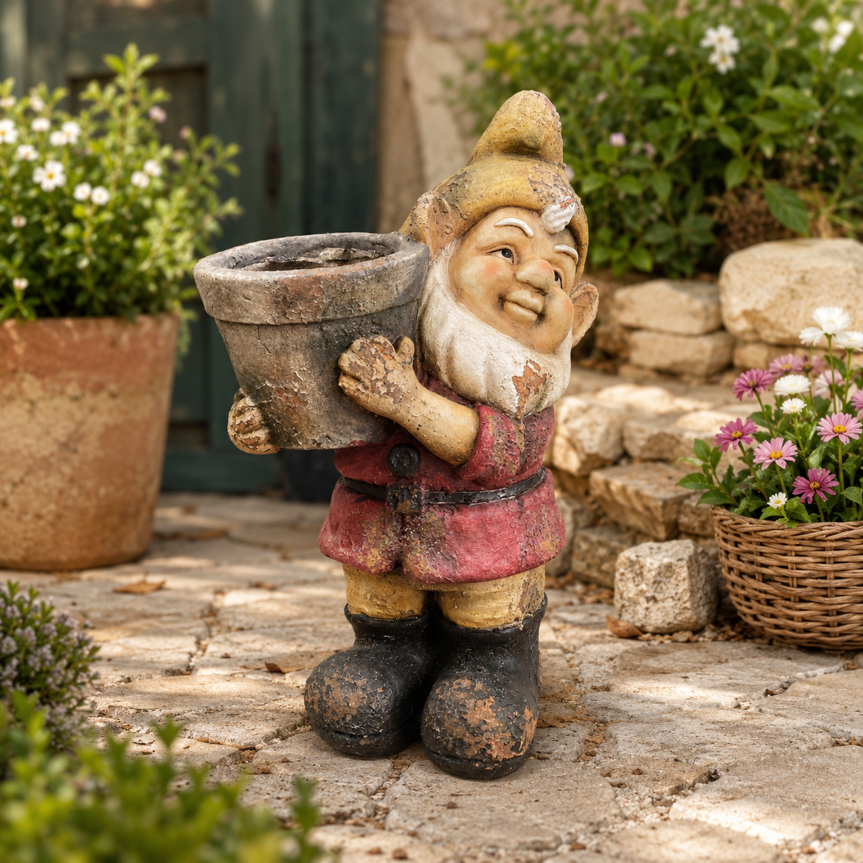Figura Decorativa de Gnomo con Macetero - Poliresina - 43 cm