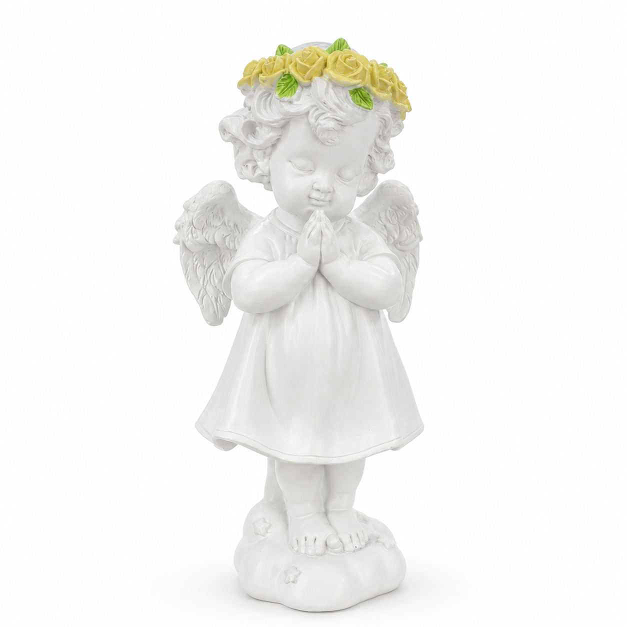 Figura Decorativa Ángel Rezando con Corona de Rosas – Poliresina - 22,5 cm