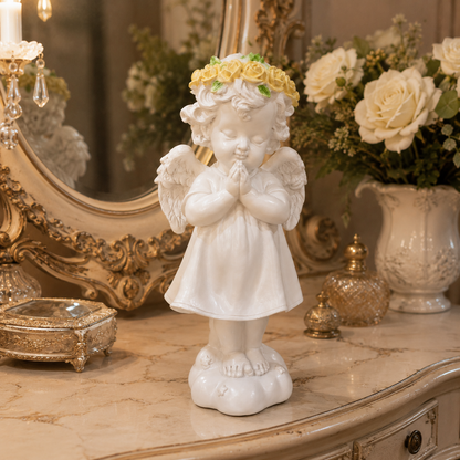 Figura Decorativa Ángel Rezando con Corona de Rosas – Poliresina - 22,5 cm