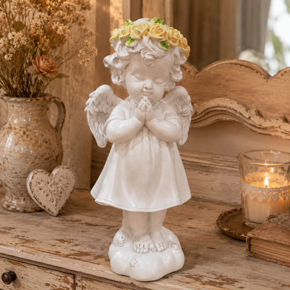 Figura Decorativa Ángel Rezando con Corona de Rosas – Poliresina - 22,5 cm