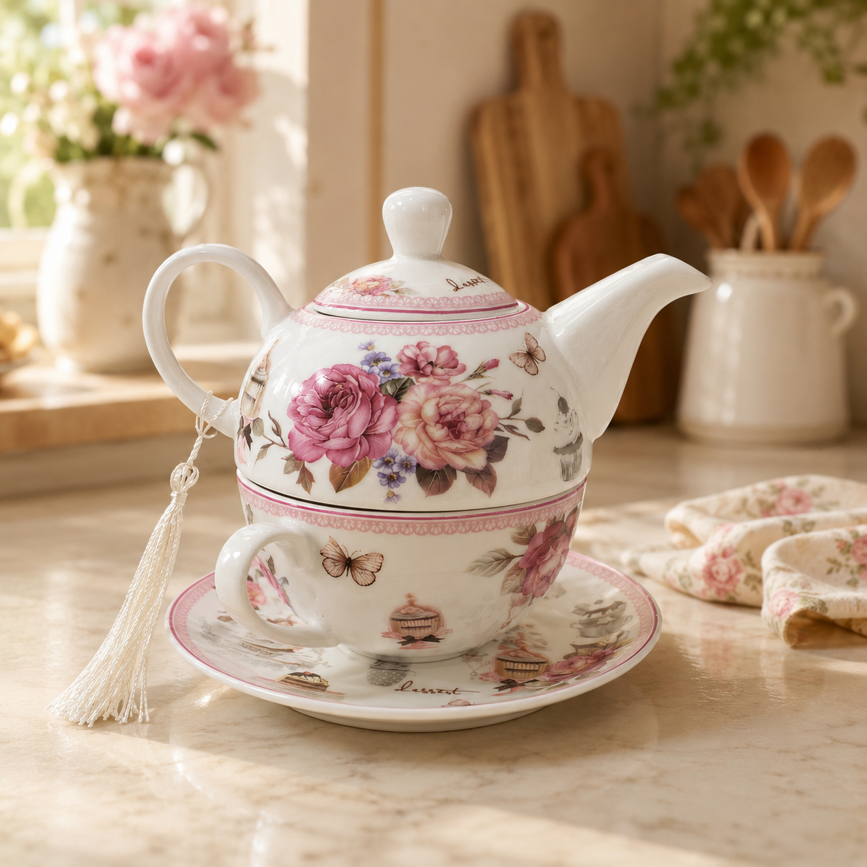 Juego de Té de Porcelana Floral – Tetera + Taza con Platillo