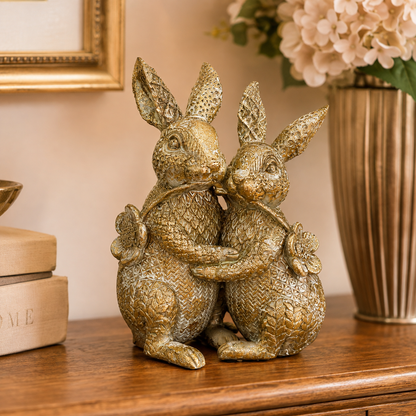 Figura Decorativa Conejos Amorosos Dorados - 19 cm