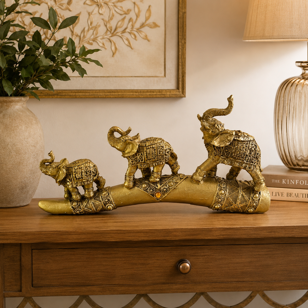 Figura Decorativa Elefantes Gold Caravana - 30 cm