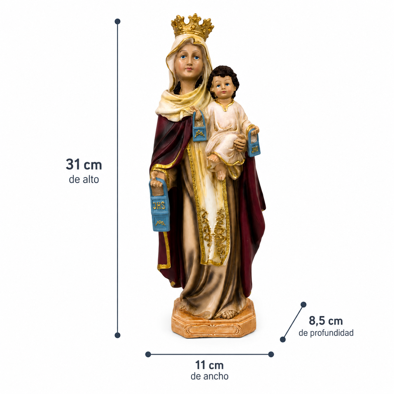 Figura Virgen del Carmen con Niño Jesús y Escapulario – 31 cm