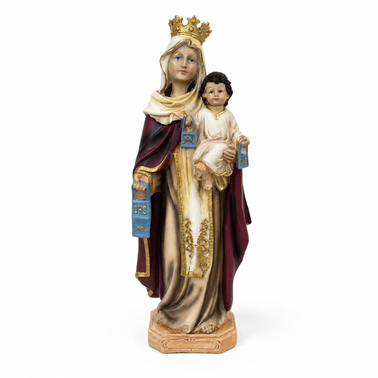 Figura Virgen del Carmen con Niño Jesús y Escapulario – 31 cm
