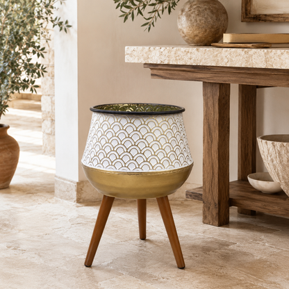 Soporte para Plantas White sobre Patas de Madera – Tamaño M