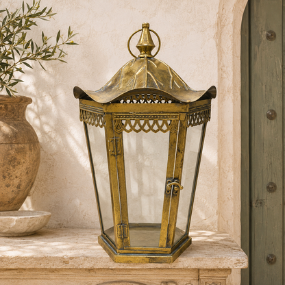 Farol Portavela Hexagonal Dorado Envejecido - 50 cm