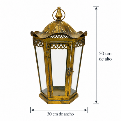 Farol Portavela Hexagonal Dorado Envejecido - 50 cm