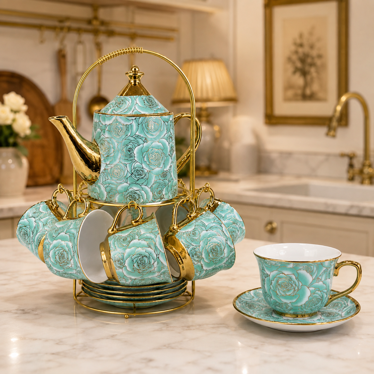 Set de Té 6 Tazas con Platillos, Tetera y Atril