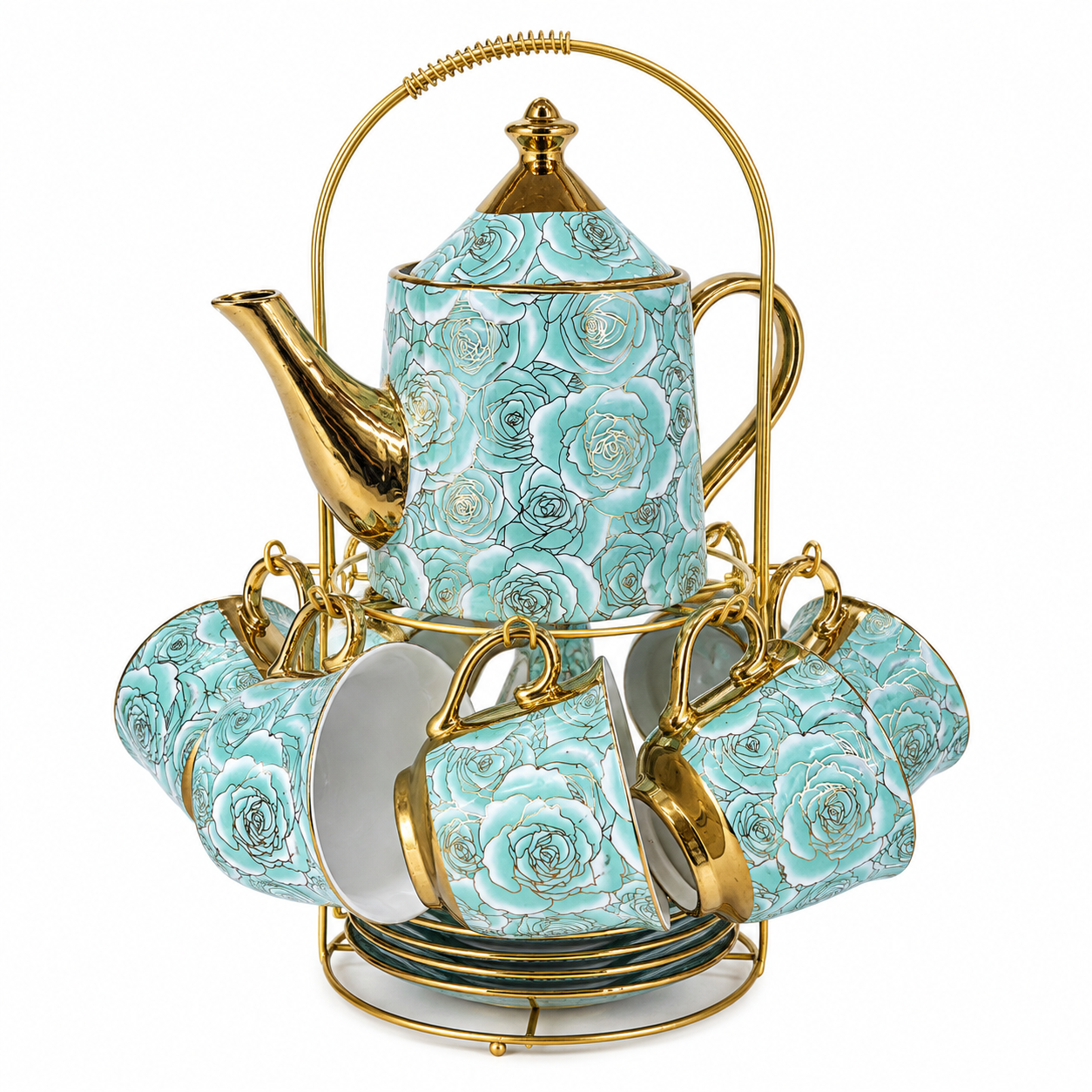 Set de Té 6 Tazas con Platillos, Tetera y Atril