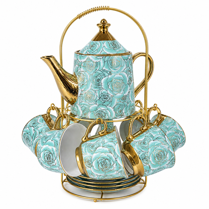 Set de Té 6 Tazas con Platillos, Tetera y Atril
