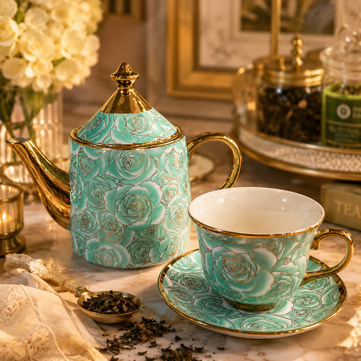 Set de Té 6 Tazas con Platillos, Tetera y Atril