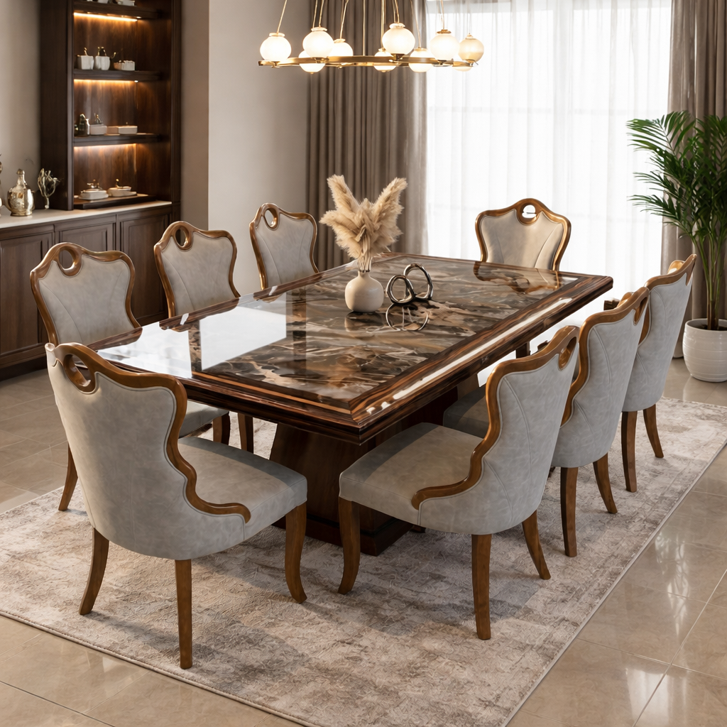 COMEDOR DE MARMOL BLANCO Y ROBLE SORGUN - 8 SILLAS