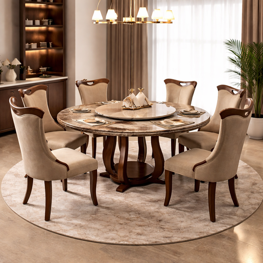 COMEDOR REDONDO DE MARMOL Y ROBLE SISE - 6 SILLAS